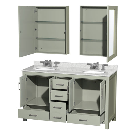 Sheffield 60 inch Double Bathroom Vanity in Light Green White Carrara Marble Countertop Undermount Oval Sinks Brushed Nickel Trim Medicine Cabinets
