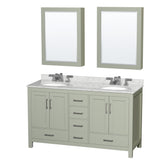Sheffield 60 inch Double Bathroom Vanity in Light Green White Carrara Marble Countertop Undermount Oval Sinks Brushed Nickel Trim Medicine Cabinets