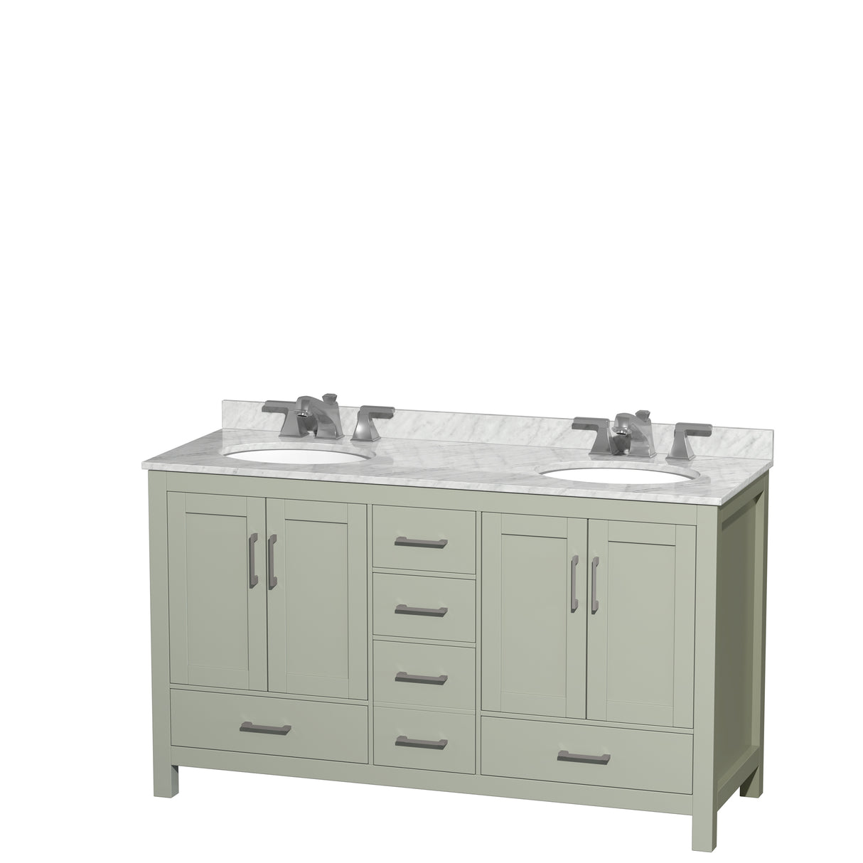 Sheffield 60 inch Double Bathroom Vanity in Light Green White Carrara Marble Countertop Undermount Oval Sinks Brushed Nickel Trim