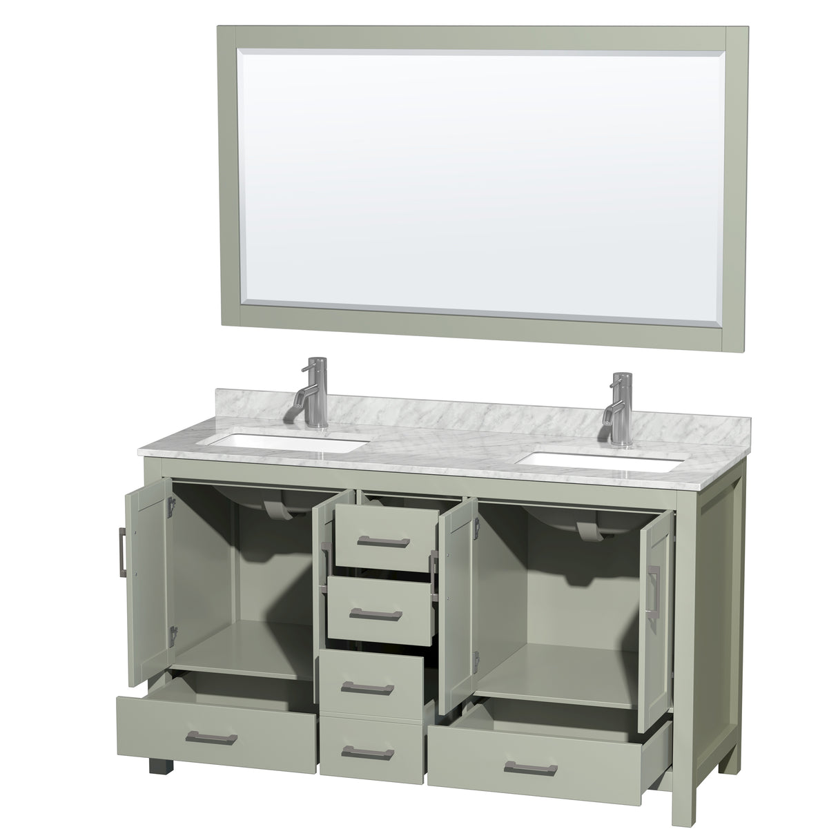 Sheffield 60 inch Double Bathroom Vanity in Light Green White Carrara Marble Countertop Undermount Square Sinks Brushed Nickel Trim 58 inch Mirror