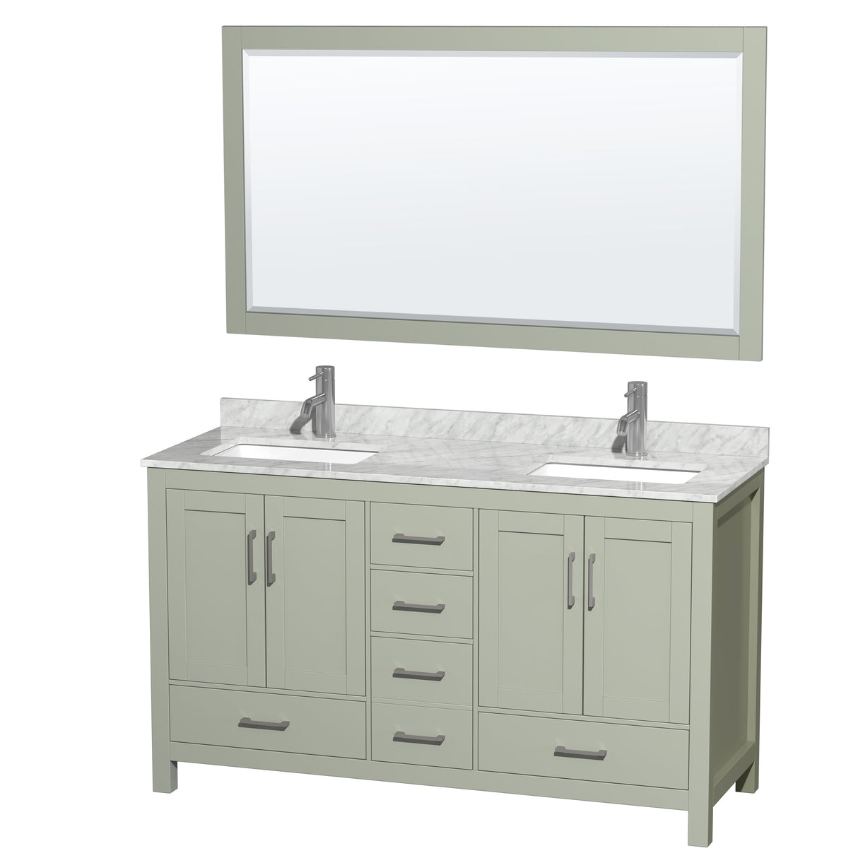 Sheffield 60 inch Double Bathroom Vanity in Light Green White Carrara Marble Countertop Undermount Square Sinks Brushed Nickel Trim 58 inch Mirror