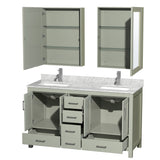 Sheffield 60 inch Double Bathroom Vanity in Light Green White Carrara Marble Countertop Undermount Square Sinks Brushed Nickel Trim Medicine Cabinets