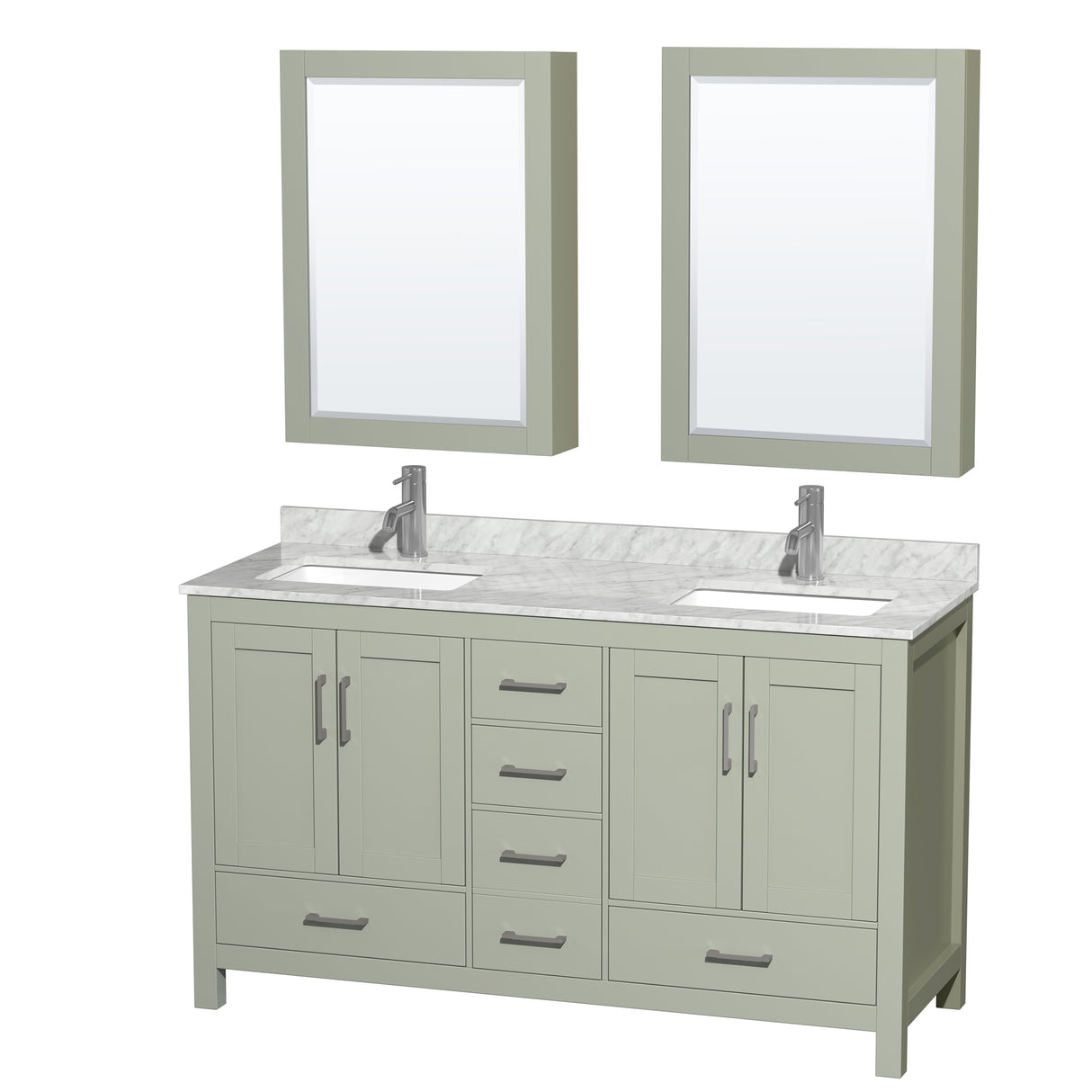 Sheffield 60 inch Double Bathroom Vanity in Light Green White Carrara Marble Countertop Undermount Square Sinks Brushed Nickel Trim Medicine Cabinets