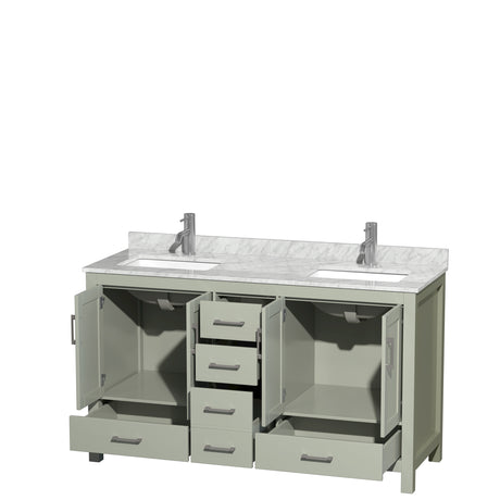 Sheffield 60 inch Double Bathroom Vanity in Light Green White Carrara Marble Countertop Undermount Square Sinks Brushed Nickel Trim