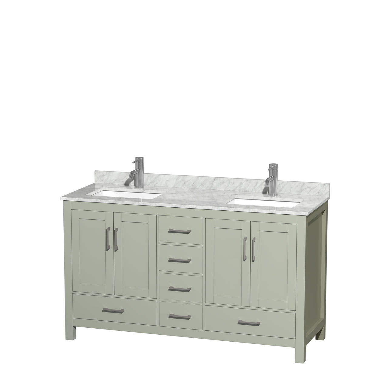 Sheffield 60 inch Double Bathroom Vanity in Light Green White Carrara Marble Countertop Undermount Square Sinks Brushed Nickel Trim