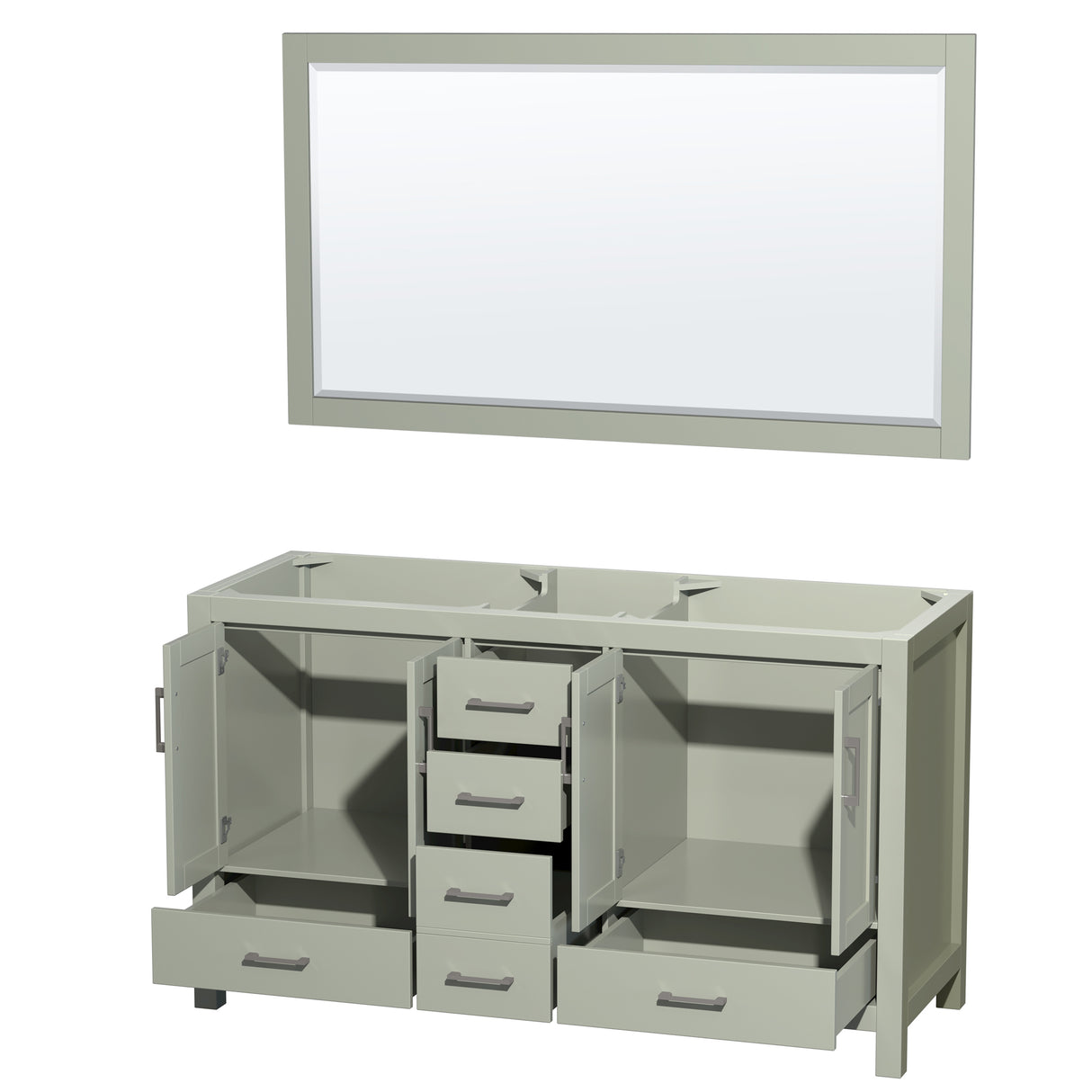 Sheffield 60 inch Double Bathroom Vanity in Light Green No Countertop No Sinks Brushed Nickel Trim 58 inch Mirror