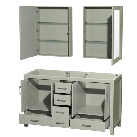 Sheffield 60 inch Double Bathroom Vanity in Light Green No Countertop No Sinks Brushed Nickel Trim Medicine Cabinets