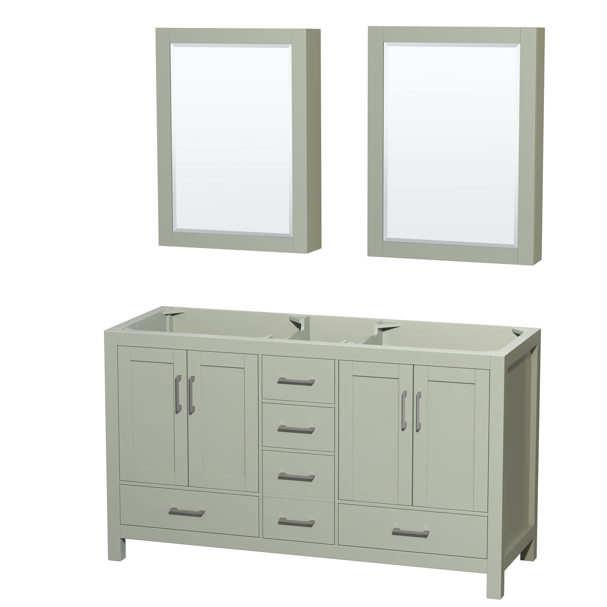 Sheffield 60 inch Double Bathroom Vanity in Light Green No Countertop No Sinks Brushed Nickel Trim Medicine Cabinets