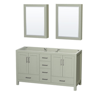 Sheffield 60 inch Double Bathroom Vanity in Light Green No Countertop No Sinks Brushed Nickel Trim Medicine Cabinets