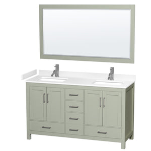 Sheffield 60 inch Double Bathroom Vanity in Light Green White Cultured Marble Countertop Undermount Square Sinks Brushed Nickel Trim 58 inch Mirror