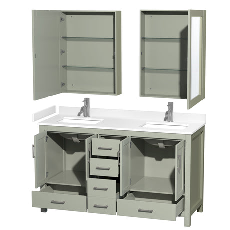 Sheffield 60 inch Double Bathroom Vanity in Light Green White Cultured Marble Countertop Undermount Square Sinks Brushed Nickel Trim Medicine Cabinets