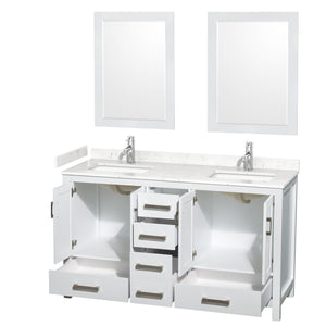 Sheffield 60 Inch Double Bathroom Vanity in White Carrara Cultured Marble Countertop Undermount Square Sinks 24 Inch Mirrors