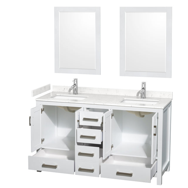 Sheffield 60 Inch Double Bathroom Vanity in White Carrara Cultured Marble Countertop Undermount Square Sinks 24 Inch Mirrors