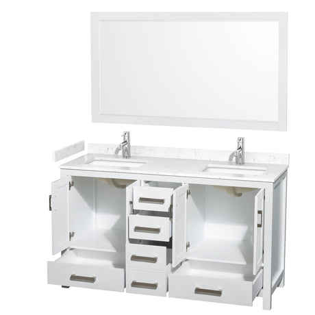 Sheffield 60 Inch Double Bathroom Vanity in White Carrara Cultured Marble Countertop Undermount Square Sinks 58 Inch Mirror