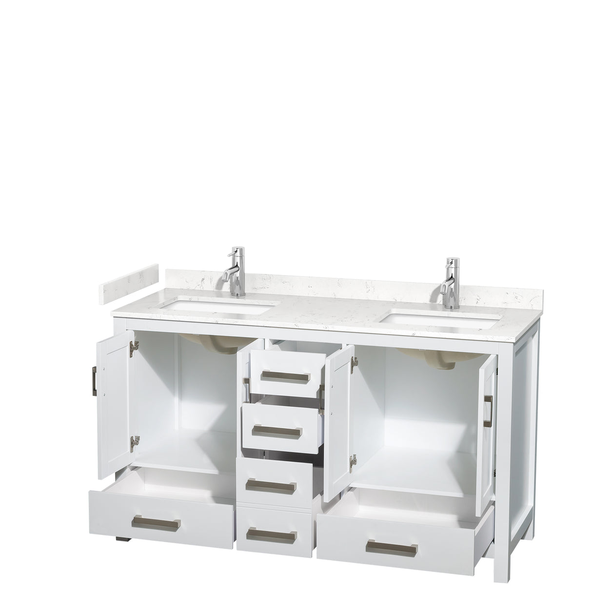 Sheffield 60 Inch Double Bathroom Vanity in White Carrara Cultured Marble Countertop Undermount Square Sinks No Mirror