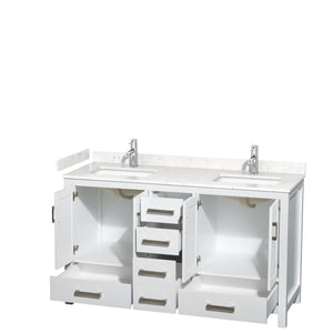 Sheffield 60 Inch Double Bathroom Vanity in White Carrara Cultured Marble Countertop Undermount Square Sinks No Mirror
