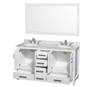 Sheffield 60 Inch Double Bathroom Vanity in White White Carrara Marble Countertop Undermount Oval Sinks and 58 Inch Mirror