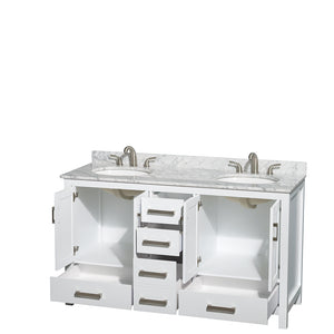 Sheffield 60 Inch Double Bathroom Vanity in White White Carrara Marble Countertop Undermount Oval Sinks and No Mirror