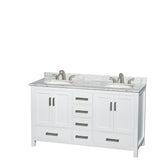 Sheffield 60 Inch Double Bathroom Vanity in White White Carrara Marble Countertop Undermount Oval Sinks and Medicine Cabinets