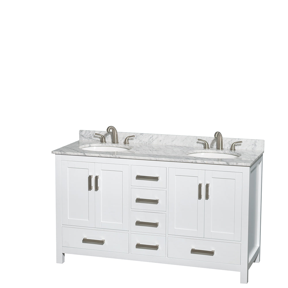 Sheffield 60 Inch Double Bathroom Vanity in White White Carrara Marble Countertop Undermount Oval Sinks and 24 Inch Mirrors