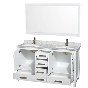 Sheffield 60 Inch Double Bathroom Vanity in White White Carrara Marble Countertop Undermount Square Sinks and 58 Inch Mirror