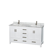 Sheffield 60 Inch Double Bathroom Vanity in White White Carrara Marble Countertop Undermount Square Sinks and Medicine Cabinets