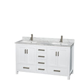 Sheffield 60 Inch Double Bathroom Vanity in White White Carrara Marble Countertop Undermount Square Sinks and 58 Inch Mirror