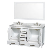 Sheffield 60 Inch Double Bathroom Vanity in White White Carrara Marble Countertop Undermount 3-Hole Square Sinks 58 Inch Mirror