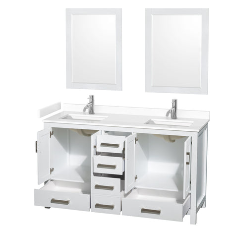 Sheffield 60 Inch Double Bathroom Vanity in White White Cultured Marble Countertop Undermount Square Sinks 24 Inch Mirrors