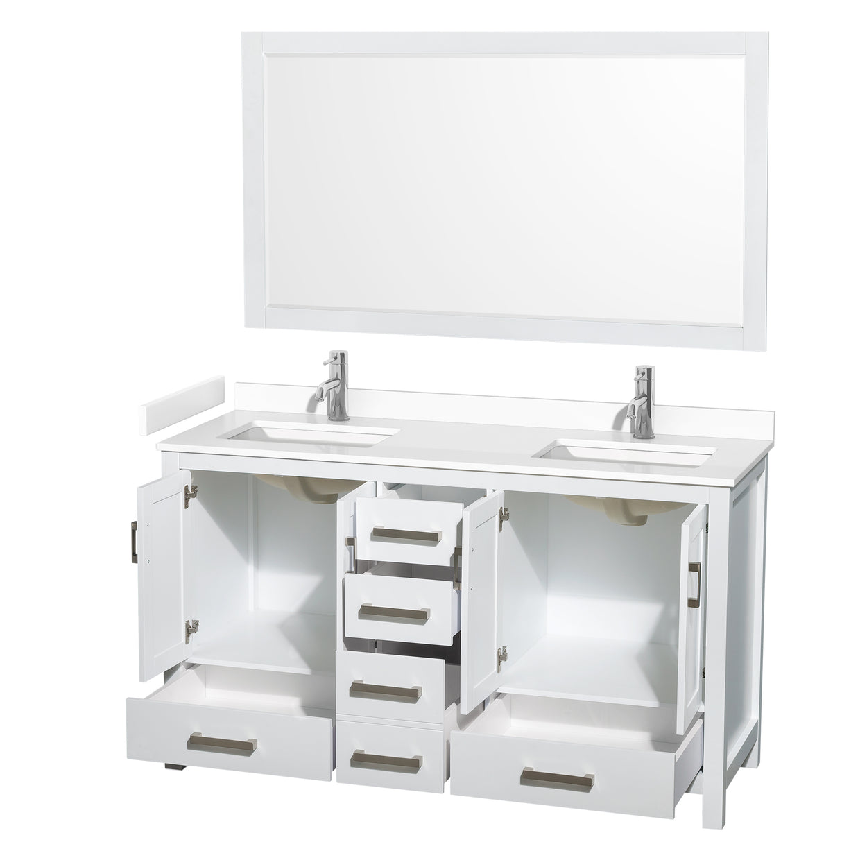 Sheffield 60 Inch Double Bathroom Vanity in White White Cultured Marble Countertop Undermount Square Sinks 58 Inch Mirror
