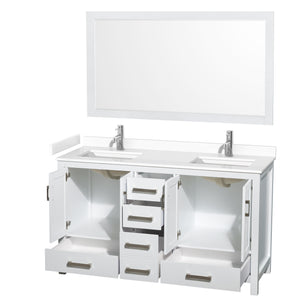 Sheffield 60 Inch Double Bathroom Vanity in White White Cultured Marble Countertop Undermount Square Sinks 58 Inch Mirror
