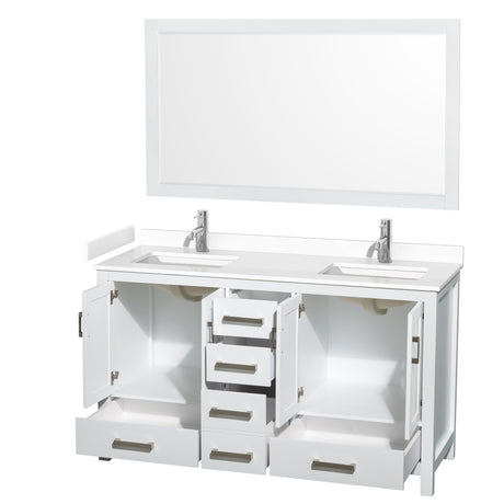 Sheffield 60 Inch Double Bathroom Vanity in White White Cultured Marble Countertop Undermount Square Sinks 58 Inch Mirror