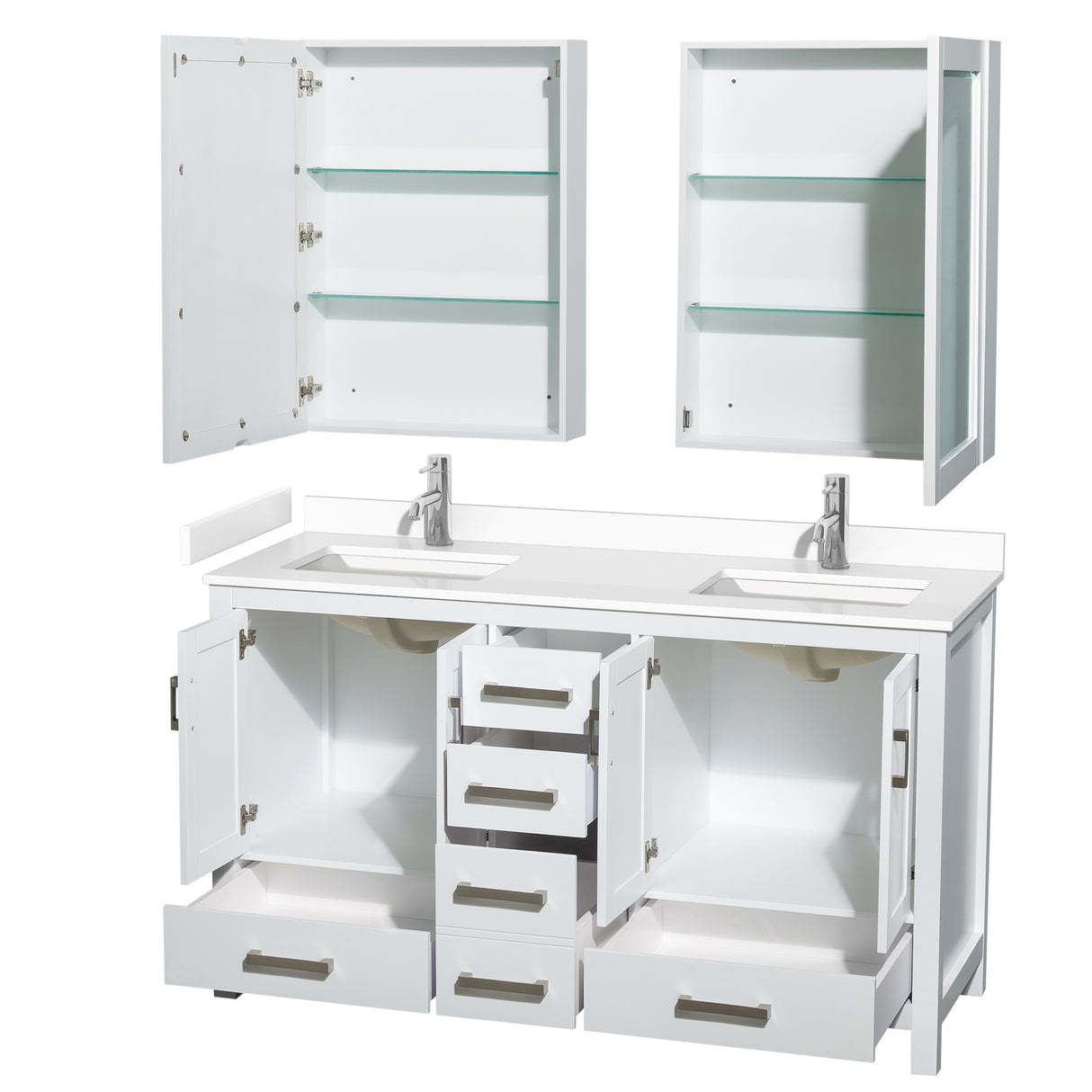 Sheffield 60 Inch Double Bathroom Vanity in White White Cultured Marble Countertop Undermount Square Sinks Medicine Cabinets