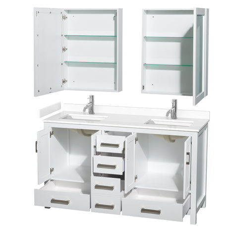 Sheffield 60 Inch Double Bathroom Vanity in White White Cultured Marble Countertop Undermount Square Sinks Medicine Cabinets