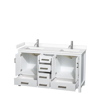 Sheffield 60 Inch Double Bathroom Vanity in White White Cultured Marble Countertop Undermount Square Sinks No Mirror