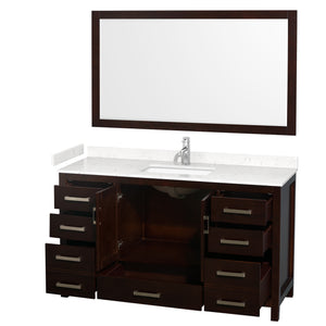 Sheffield 60 Inch Single Bathroom Vanity in Espresso Carrara Cultured Marble Countertop Undermount Square Sink 58 Inch Mirror