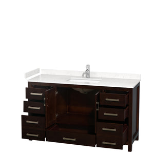 Sheffield 60 Inch Single Bathroom Vanity in Espresso Carrara Cultured Marble Countertop Undermount Square Sink No Mirror