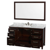 Sheffield 60 Inch Single Bathroom Vanity in Espresso White Carrara Marble Countertop Undermount Oval Sink and 58 Inch Mirror