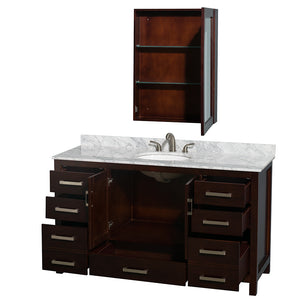 Sheffield 60 Inch Single Bathroom Vanity in Espresso White Carrara Marble Countertop Undermount Oval Sink and Medicine Cabinet