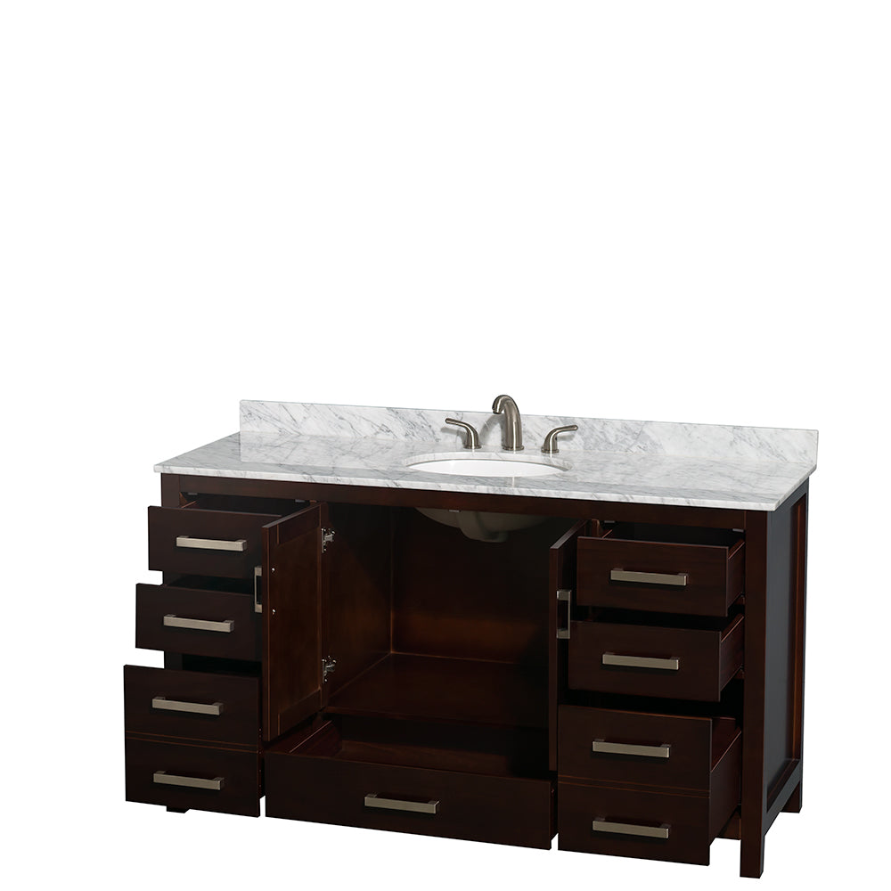 Sheffield 60 Inch Single Bathroom Vanity in Espresso White Carrara Marble Countertop Undermount Oval Sink and No Mirror