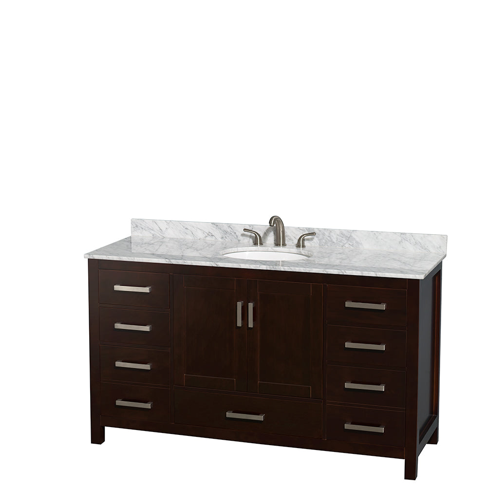 Sheffield 60 Inch Single Bathroom Vanity in Espresso White Carrara Marble Countertop Undermount Oval Sink and Medicine Cabinet