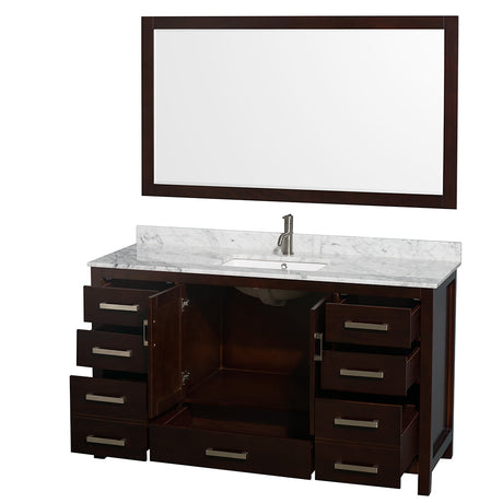 Sheffield 60 Inch Single Bathroom Vanity in Espresso White Carrara Marble Countertop Undermount Square Sink and 58 Inch Mirror