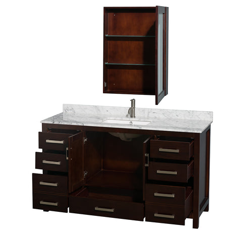 Sheffield 60 Inch Single Bathroom Vanity in Espresso White Carrara Marble Countertop Undermount Square Sink and Medicine Cabinet