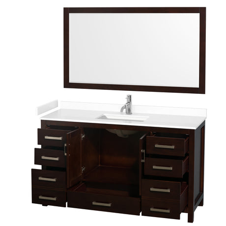 Sheffield 60 Inch Single Bathroom Vanity in Espresso White Cultured Marble Countertop Undermount Square Sink 58 Inch Mirror