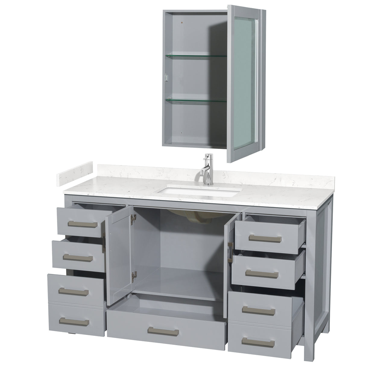 Sheffield 60 Inch Single Bathroom Vanity in Gray Carrara Cultured Marble Countertop Undermount Square Sink Medicine Cabinet