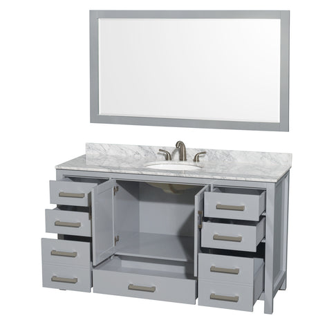 Sheffield 60 Inch Single Bathroom Vanity in Gray White Carrara Marble Countertop Undermount Oval Sink and 58 Inch Mirror