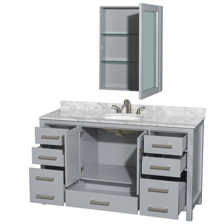 Sheffield 60 Inch Single Bathroom Vanity in Gray White Carrara Marble Countertop Undermount Oval Sink and Medicine Cabinet