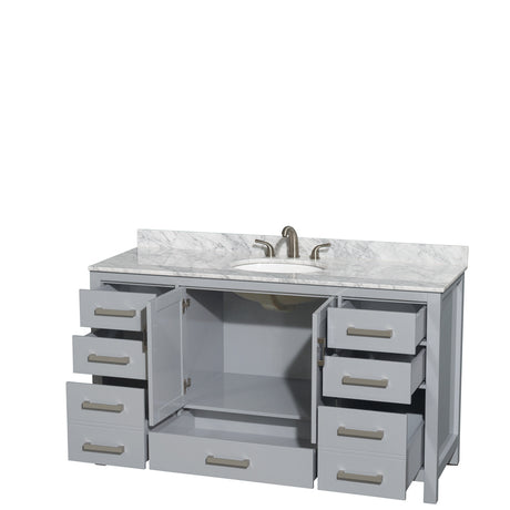 Sheffield 60 Inch Single Bathroom Vanity in Gray White Carrara Marble Countertop Undermount Oval Sink and No Mirror