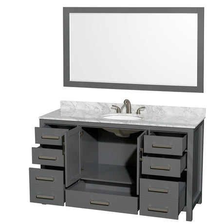 Sheffield 60 Inch Single Bathroom Vanity in Dark Gray White Carrara Marble Countertop Undermount Oval Sink and 58 Inch Mirror