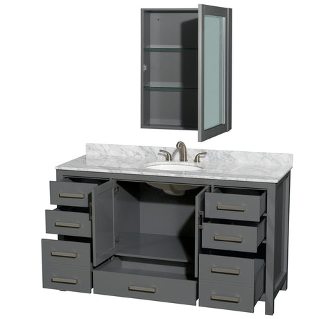 Sheffield 60 Inch Single Bathroom Vanity in Dark Gray White Carrara Marble Countertop Undermount Oval Sink and Medicine Cabinet
